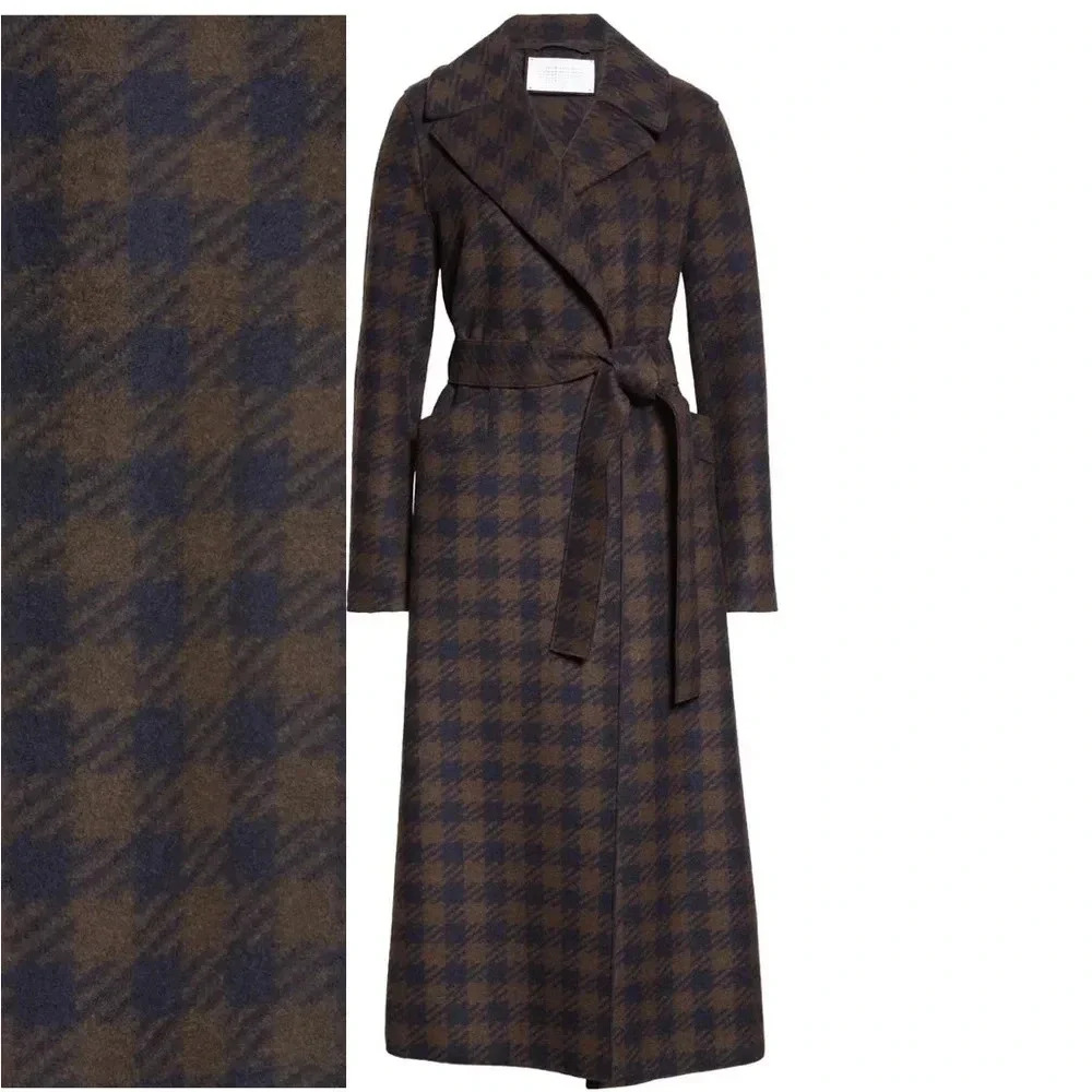 HARRIS WHARF LONDON EUC Gingham Belted Wool Maxi Coat Chocolate Brown Blue 10 44 - Picture 7 of 16